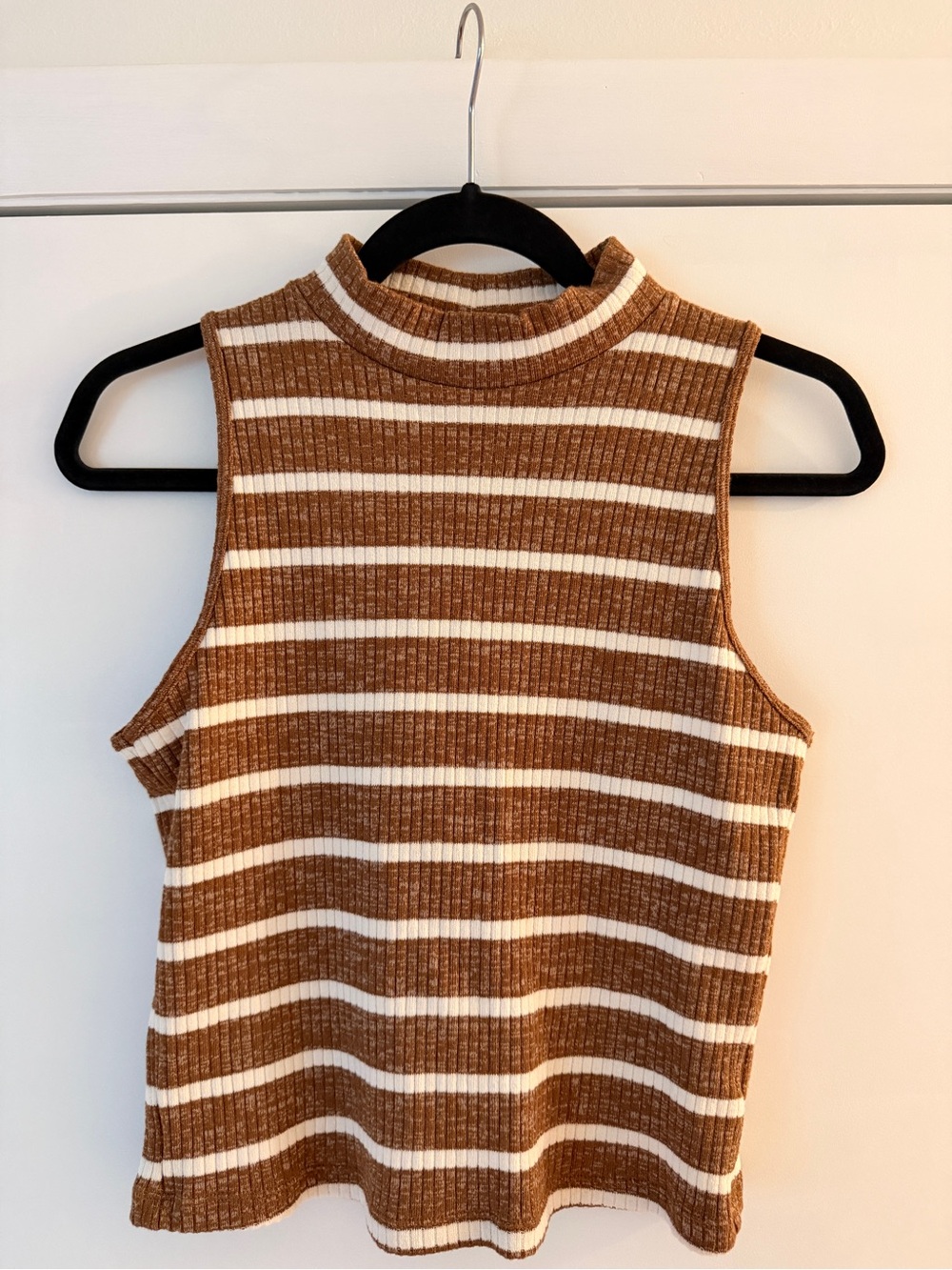 Old Navy Brown & White Striped Ribbed Mock Neck Tank